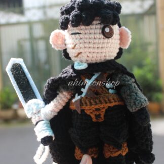 Crochet Guts Berserk doll handmade with black armor, inspired by manga Berserk